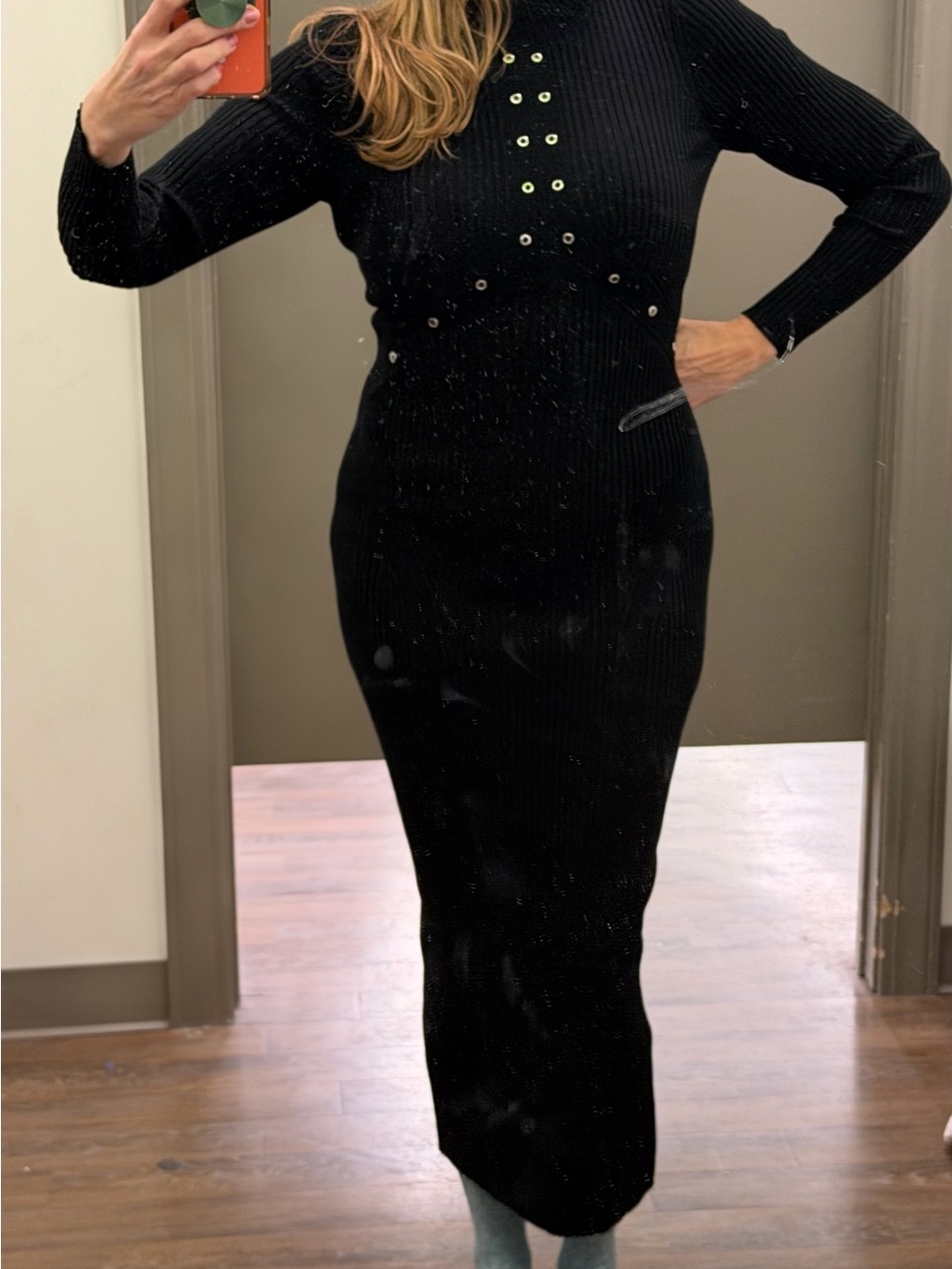Anthropologie Black Ribbed Eyelet Maxi Dress